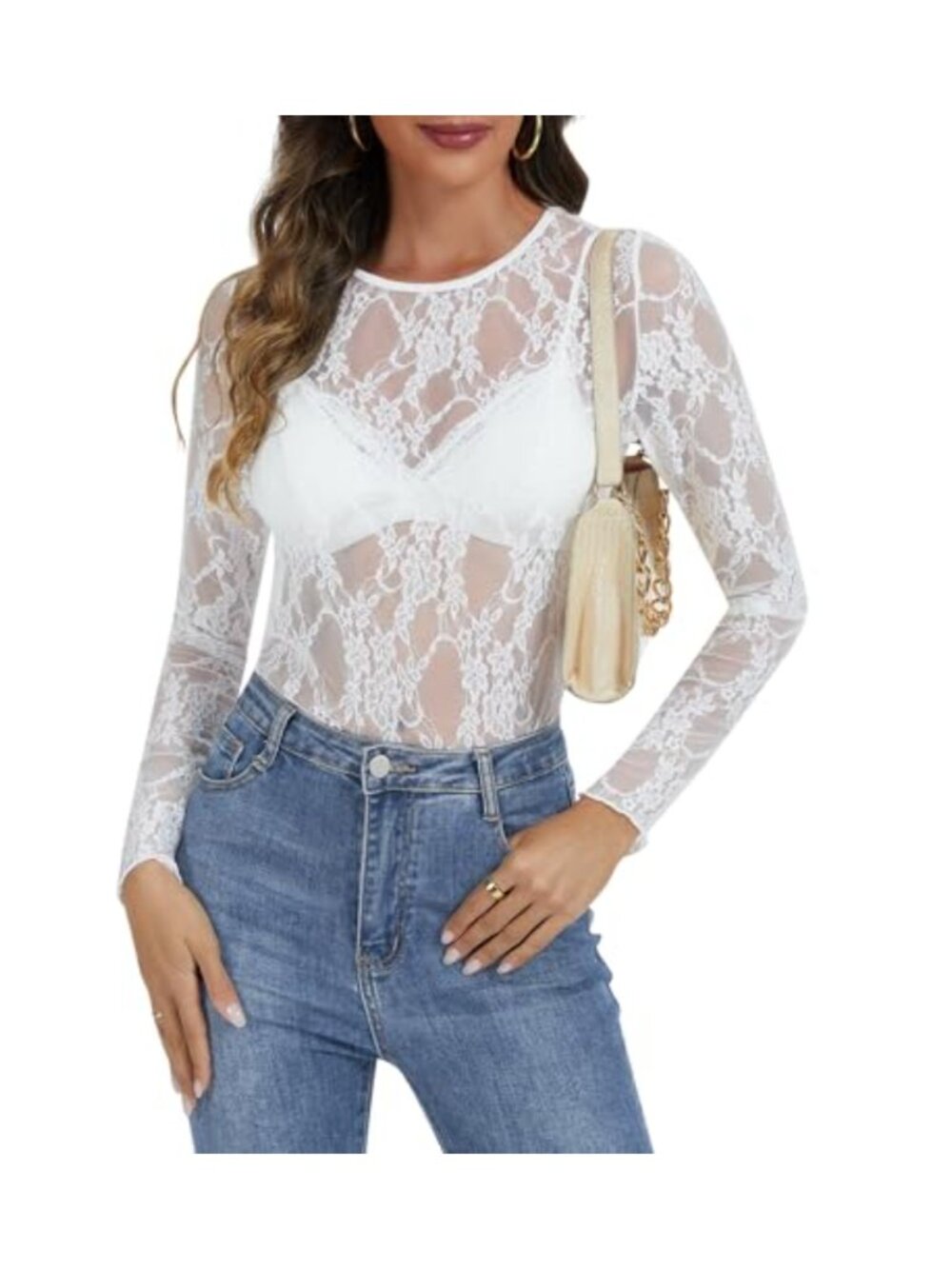 Lace Sheer Floral Embroidered Long Sleeve Crew Neck Women's Top